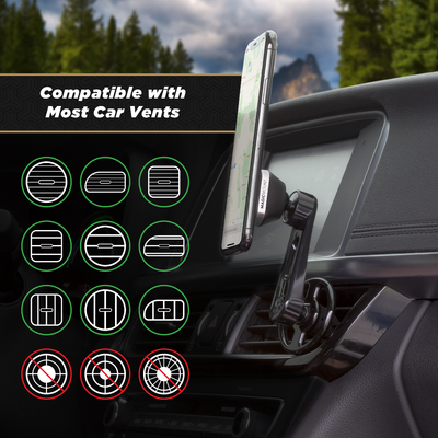 Compatible with Most Car Vents. Compatible with verticle and horizontal fan vent slots. Not compatible with circular vent slots. Rubberized vent grip