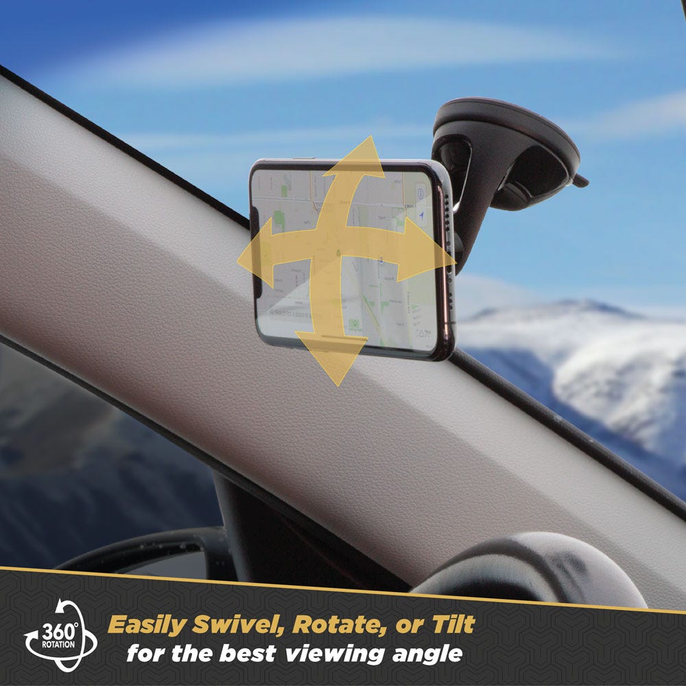 Phone on mount showing easy swivel  rotate or tilt for the best viewing angle