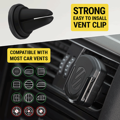 Strong easy to install vent clip. Compatible with most horizontal and vertical car vents  but not circular.