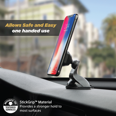 Allows safe and easy one handed use. Mounts to textured surfaces. StickGrip material provides a stronger hold to most surfaces.