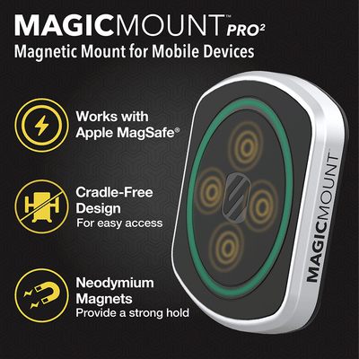 MagicMount Pro2 magnetic mount for mobile devices. Works with Apple MagSafe. Cradle-free design for easy access. Neodymium magnets provide a strong hold.