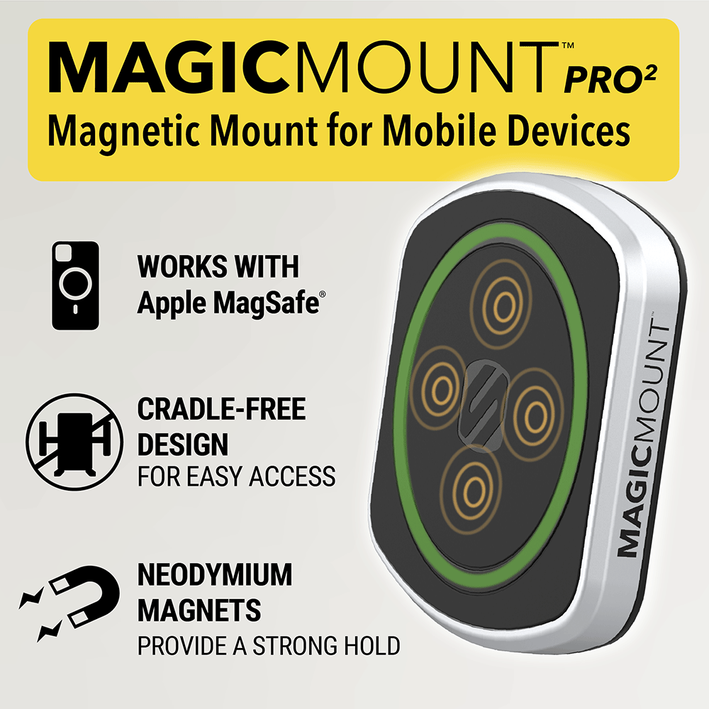 MagicMount Pro2 magnetic mount for mobile devices. Works with Apple MagSafe. Cradle-free design for easy access. Neodymium magnets provide a strong hold.