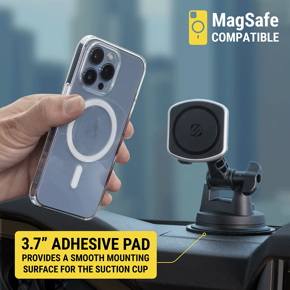 MagSafe compatible. 3.7 Adhesive pad provides a smooth mounting surface for the suction cup"
