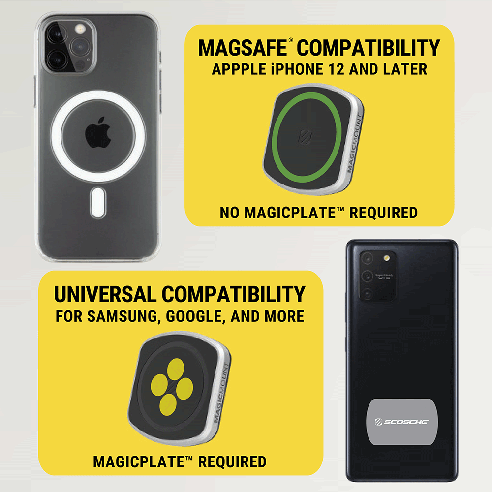 MagSafe compatibility Apple iPhone 12 and later - no MagicPlate required. Universal compatibility for Samsung  Google  and more - MagicPlate required
