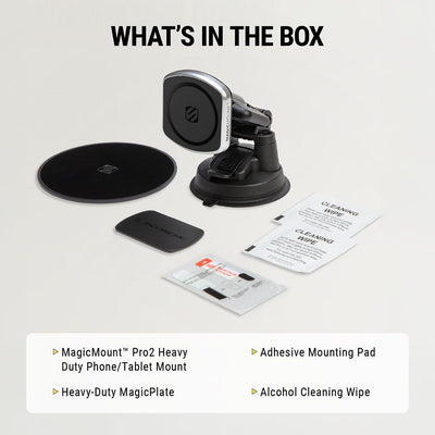What's in the box: MagicMount Pro2 Heavy duty phone/tablet mount  heavy-duty MagicPlate  Adhesive mounting pad  alcohol cleaning wipe