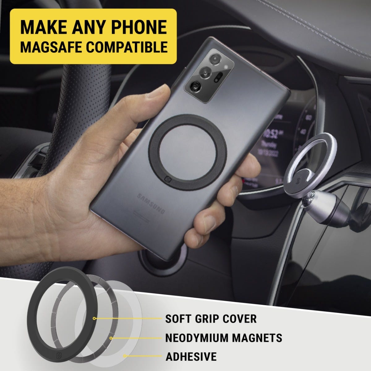 Make any phone MagSafe compatible. Features soft grip cover  Neodymium magnets  adhesive.