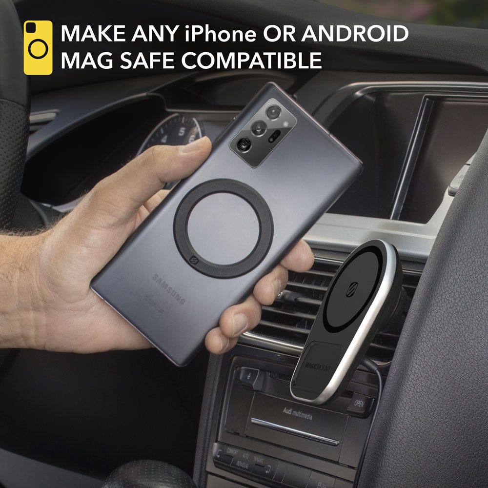 Samsung phone with magnetic ring next to wireless charging mount