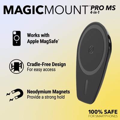 MagicMount Pro MS 4-in-1. Works with Apple MagSafe. Cradle-free design for easy access. Neodymium magnets provide a strong hold. 100% safe for smartphones.