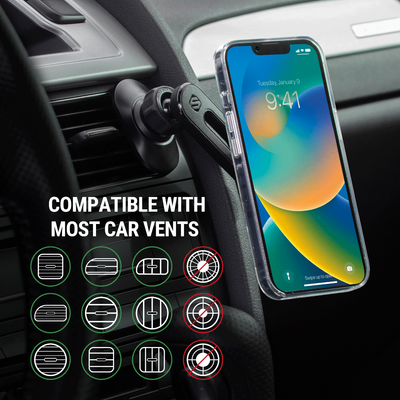 Compatible with Most Car Vents. Compatible with verticle and horizontal fan vent slots. Not compatible with circular vent slots. Vent mount securely mounts to most vehicle vents.