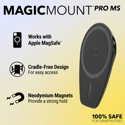 MagicMount Pro MS. Works with Apple MagSafe. Cradle-free design for easy access. Neodymium magnets provide a strong hold. 100% safe for smartphones.
