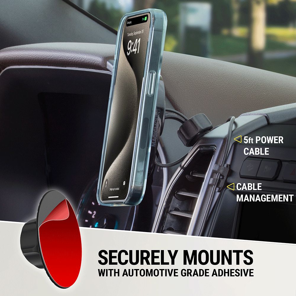 Securely mounts with automotive grade adhesive. 5 foot power cable. Cable management clip.