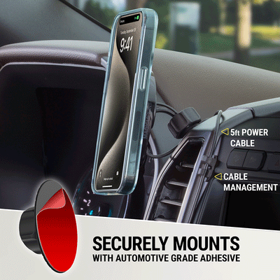 Securely mounts with automotive grade adhesive. 5 foot power cable. Cable management clip.