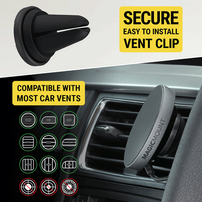 Secure easy to install vent clip. Compatible with most horizontal or vertical car vents  but not circular.