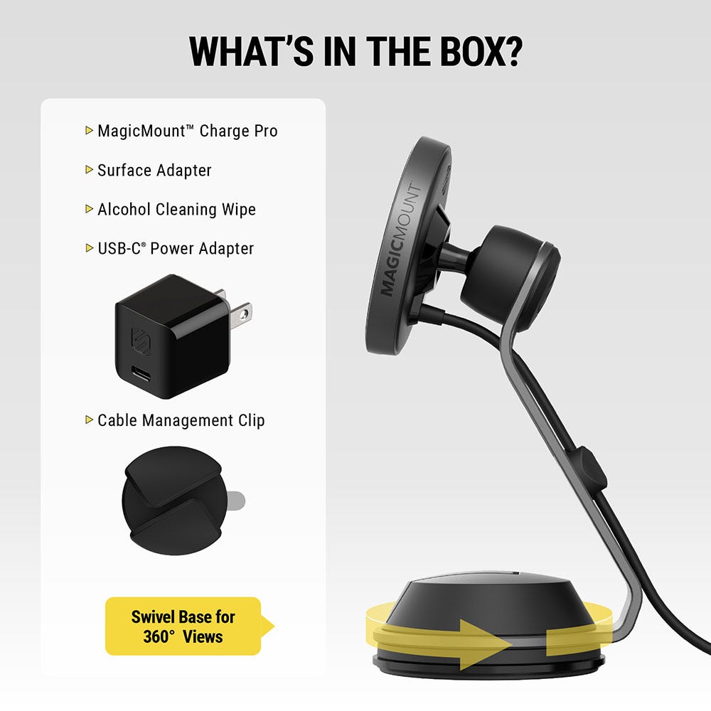 What's in the box? MagicMount Charge Pro  Surface adapter  Alcohol cleaning wipe  USB-C power adapter  cable management clip. Swivel base for 360 views.