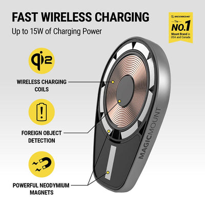 Fast wireless charging - up to 15W of charging power. Wireless charging coils  foreign object detection  powerful Neodymium magnets. Scosche is the No. 1 mount brand in USA and Canada