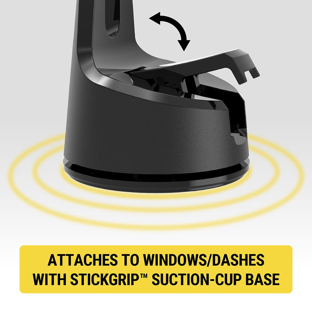 Attaches to windows/dashes with StickGrip suction-cup base
