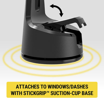 Attaches to windows/dashes with StickGrip suction-cup base