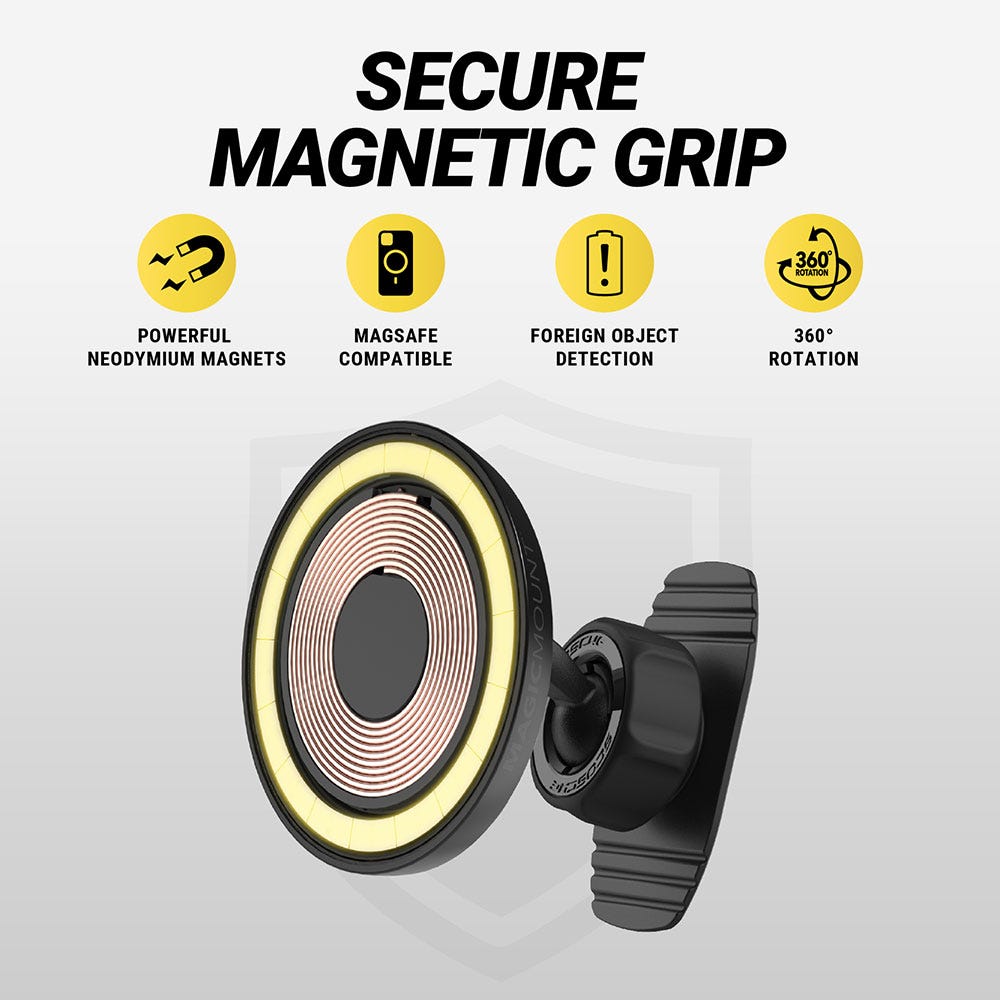 Secure magnetic grip. Powerful Neodymium magnets. MagSafe compatible. Foreign object detection. 360 degree rotation.