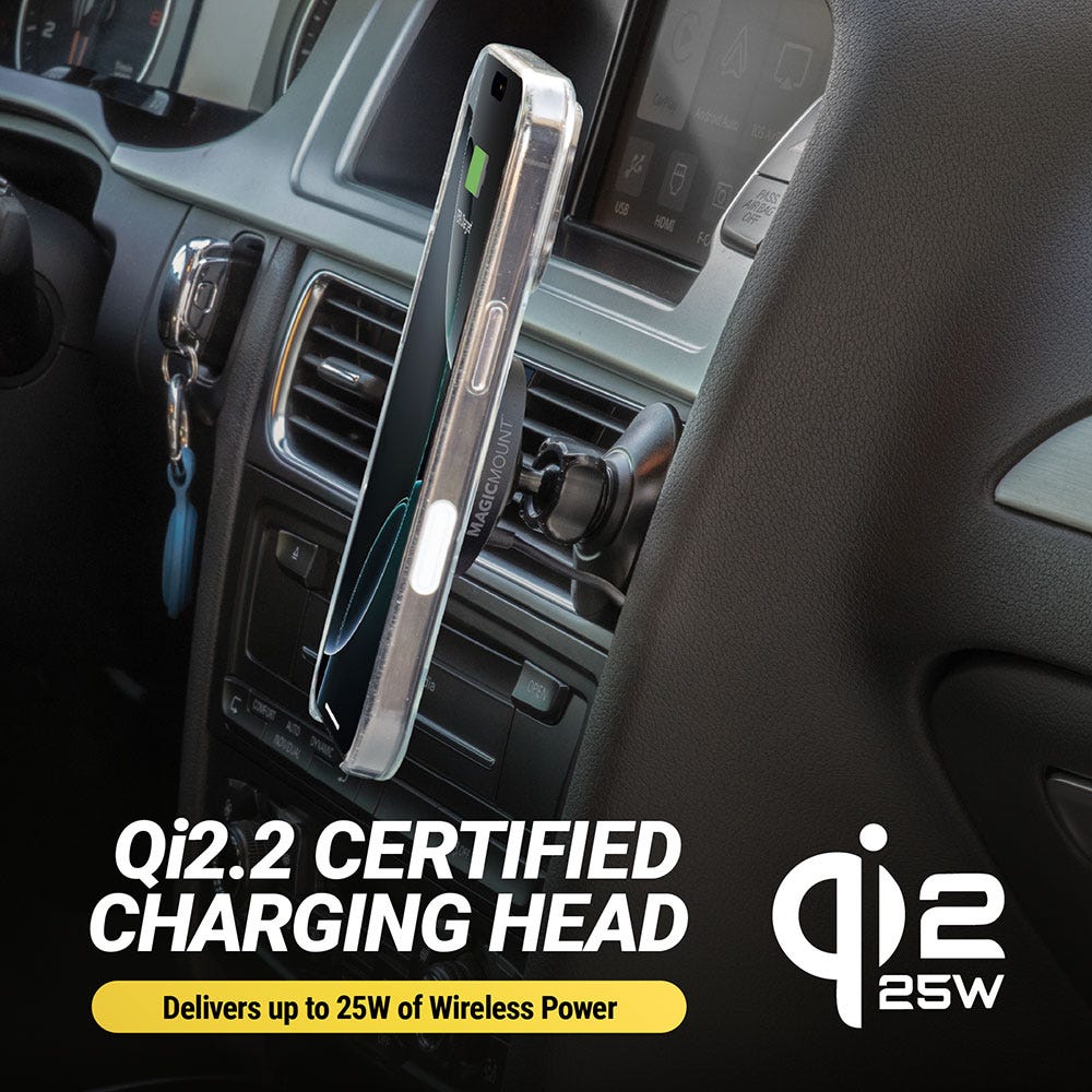 Qi2.2 Certified charging head. Delivers up to 25W of wireless power. Qi2 25W.