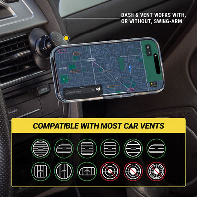 Compatible with most horizontal and vertical car vents  but not circular. Dash and vent works with or without swing-arm