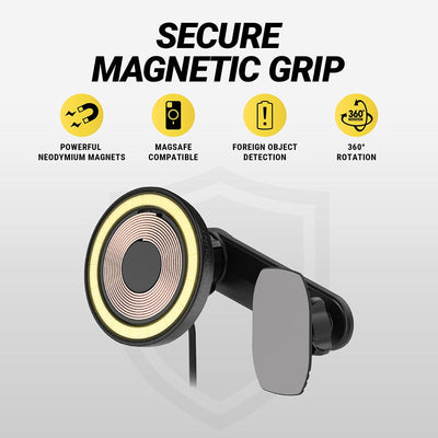 Secure magnetic grip. Powerful Neodymium magnets. MagSafe compatible. Foreign object detection. 360 degree rotation.