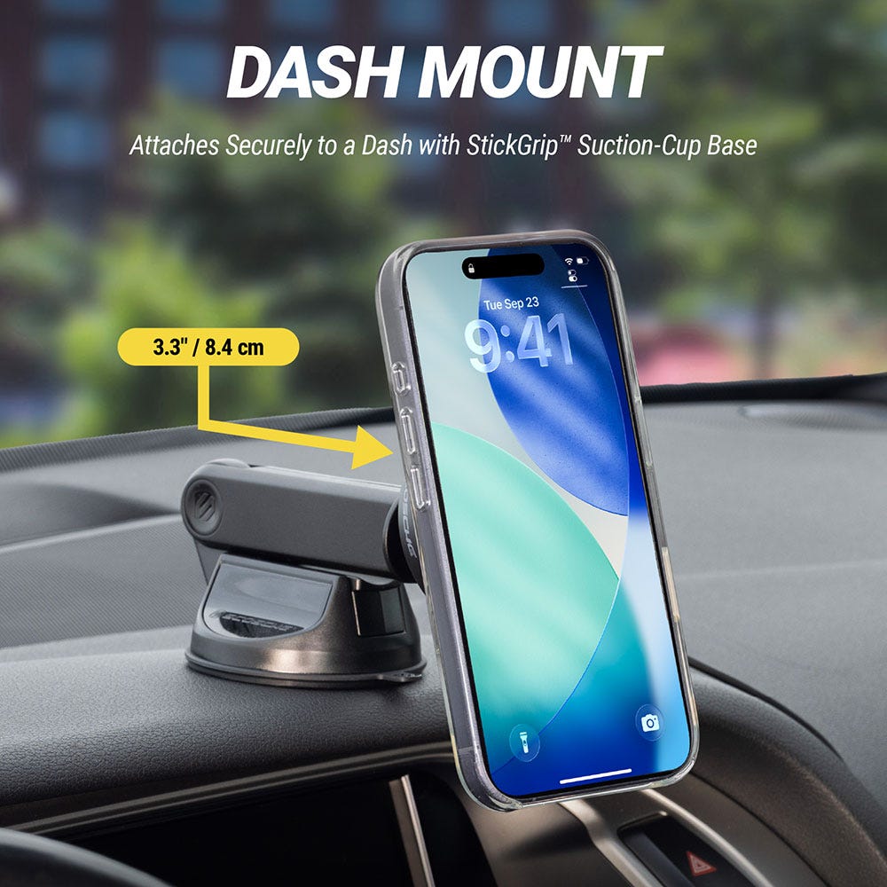 Dash mount. Attaches securely to a dash with StickGrip suction-cup base. Arm measures 3.3 inches/8.4 centimeters