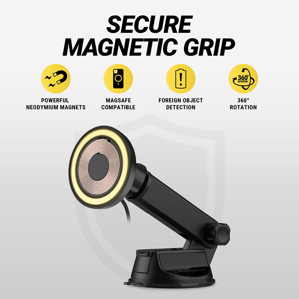 Secure magnetic grip. Powerful Neodymium magnets. MagSafe compatible. Foreign object detection. 360 degree rotation.
