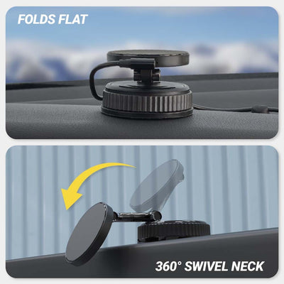 Folds flat. 360 degree swivel neck