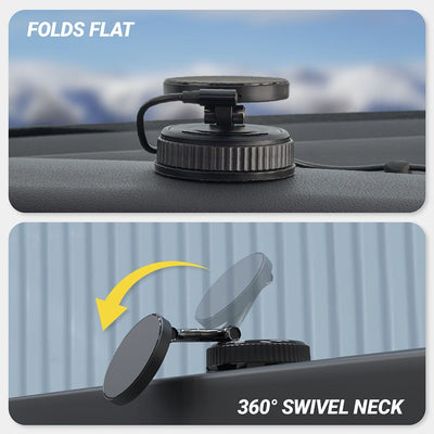 Folds flat. 360 degree swivel neck
