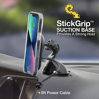 StickGrip suction base provides a strong hold. Has 5 foot power cable