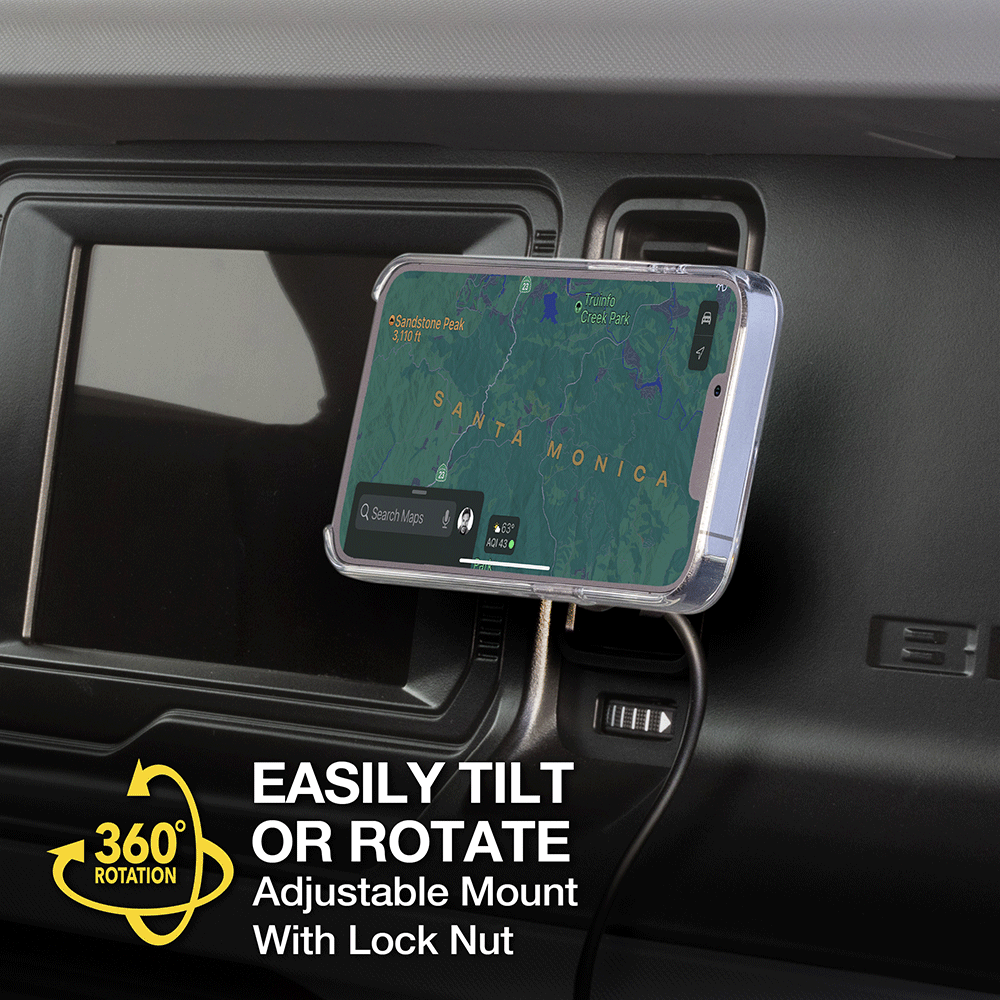Easily Tilt or rotate. Adjustable mount with lock nut. 360 degree rotation.