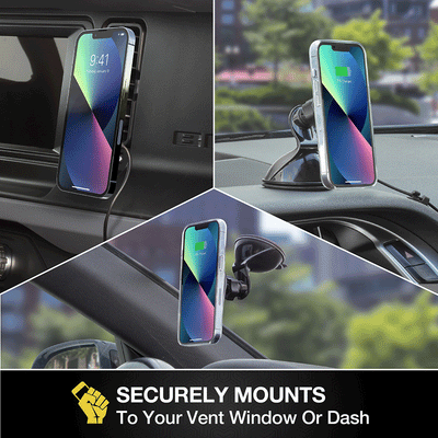 Securely mounts to your vent   window or dash