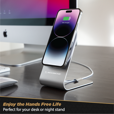 Enjoy the Hands Free Life - Perfect for your desk or nightstand" Phone on magnetic wireless charging stand on desktop."
