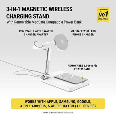 3-in-1 Magnetic Wireless Charging Stand with removable MagSafe compatible power bank. Removable Apple Watch charger adapter  MagSafe wireless phone charger  Removable 5 000mAh power bank. Works with Apple  Samsung  Google  Apple Airpods  Apple watch (all