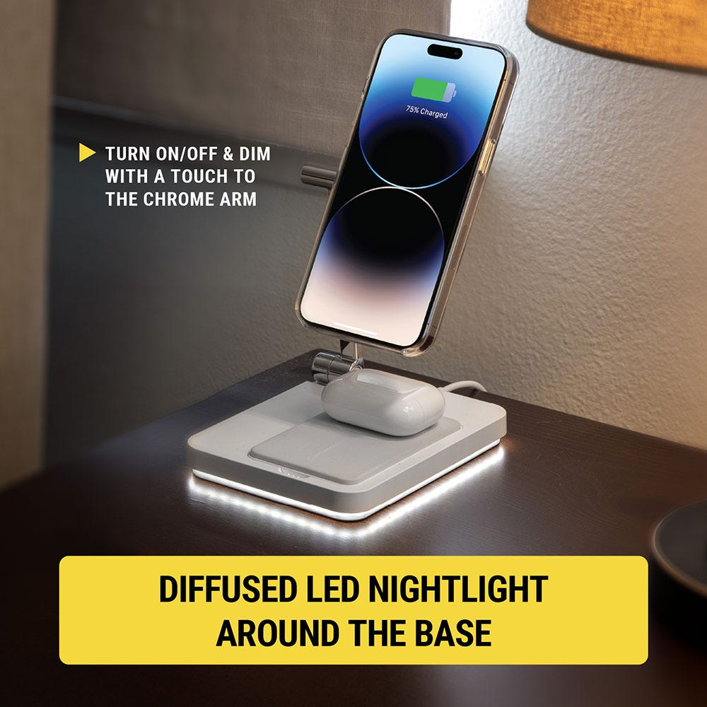 Turn on/off & dim with a touch to the chrome arm. Diffused LED nightlight around the base.