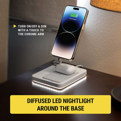 Turn on/off & dim with a touch to the chrome arm. Diffused LED nightlight around the base.