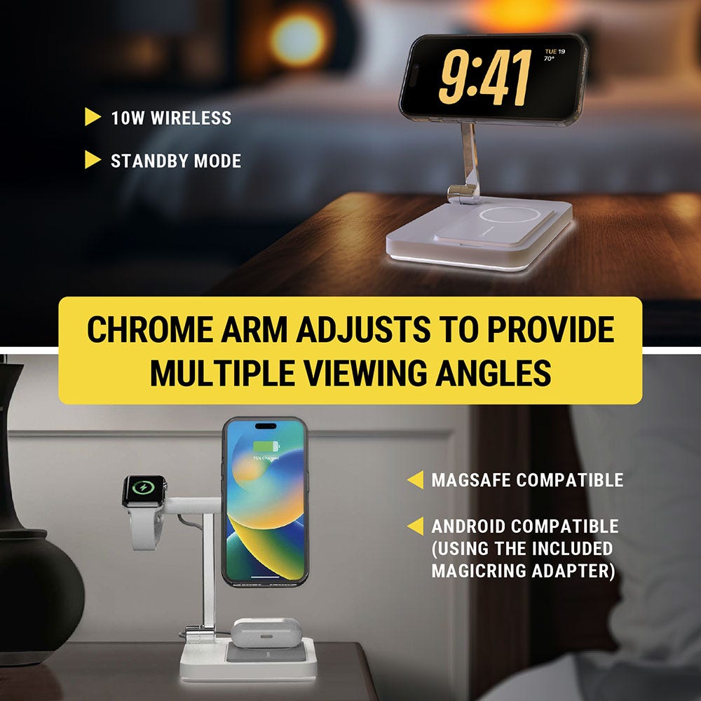 Chrome arm adjusts to provide multiple viewing angles. MagSafe compatible. Android compatible using the included MagicRing adapter. 10W wireless  Standby mode
