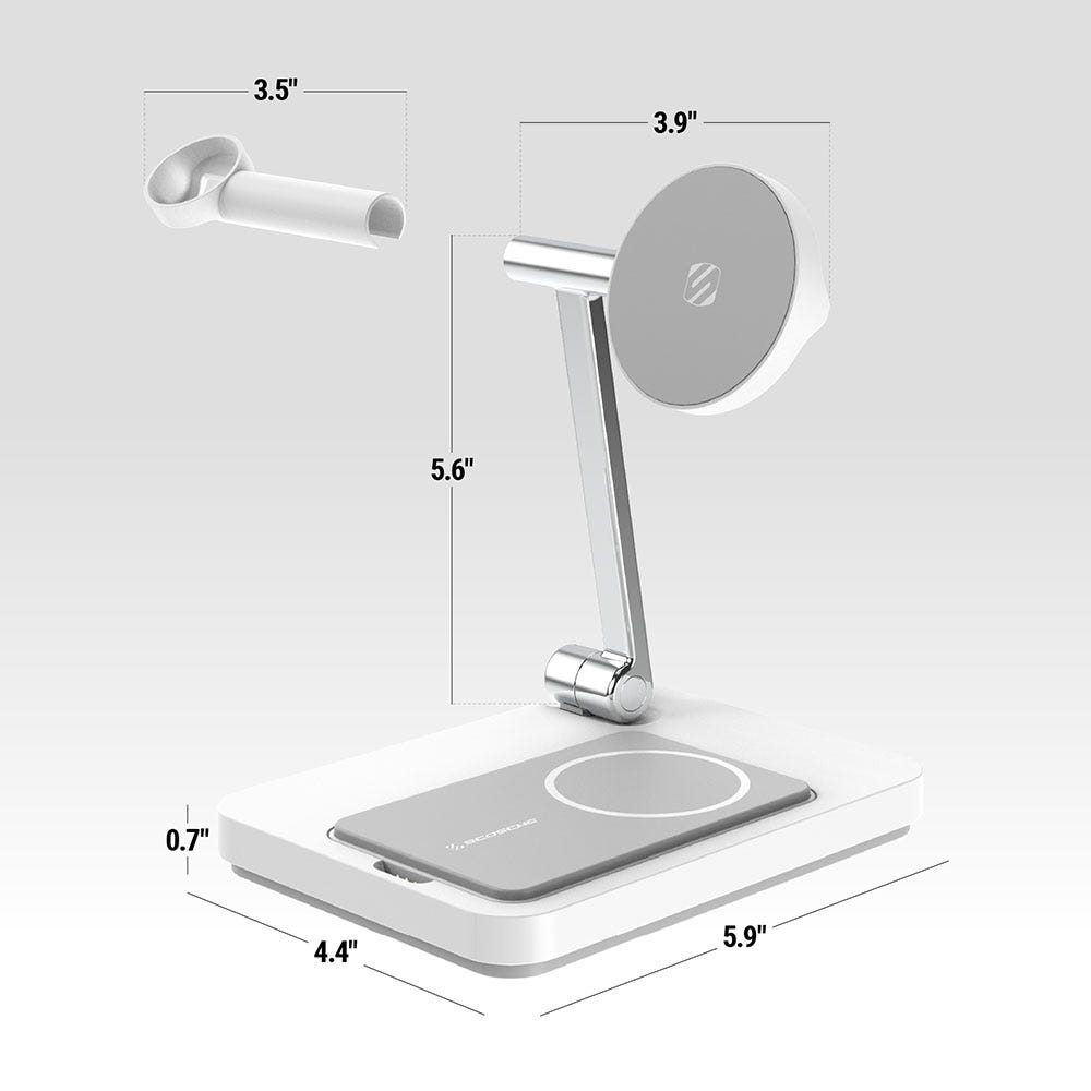 Measurements. Base: 4.4 x 5.9" x 0.7". Stand: 5.6" tall. Face with arm 3.9". Watch adapter 3.5" long."