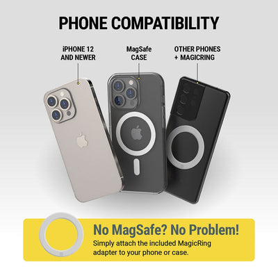 Phone Compatibility - iPhone 12 and newer  MagSafe case  other phones + MagicRing. No MagSafe? No Problem! Simply attach the included MagicRing adapter to your phone or case.