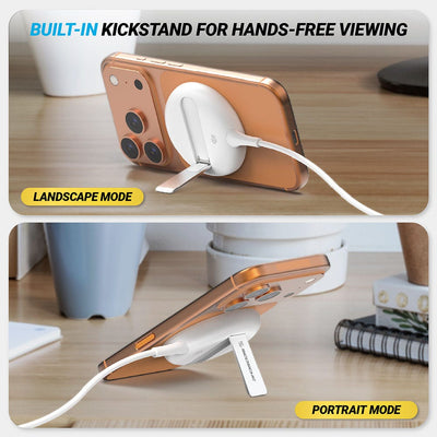 Built in kickstand for hands-free viewing. Landscape mode. Portrait mode.