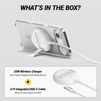 What's in the box? 25W wireless charger. Fast charger MagSafe and Qi2-redy devices. Plus 6 foot integrated USB-C cable. Allows for easy reach to outlets