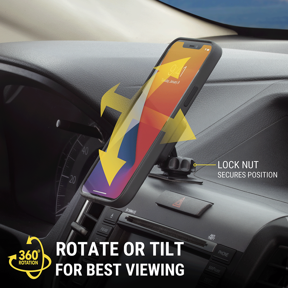 360 degree rotation. Lock nut secures position. Rotate or tilt for best viewing.