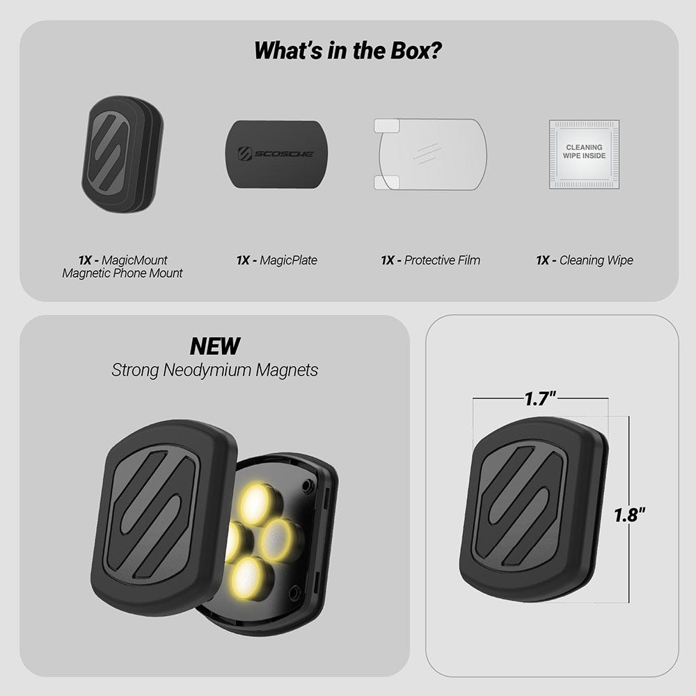 What's in the box? 1X MagicMount Magnetic Phone Mount  1X MagicPlate  1X Protective Film  1X Cleaning wipe. New Strong Neodymium Magnets. Measures 1.7 x 1.8""