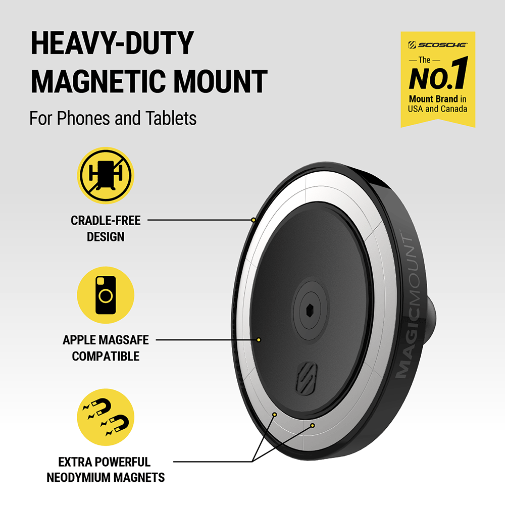 Heavy-duty magnetic mount for phones and tablets. Cradle-free design. Apple MagSafe compatible. Extra powerful Neodymium magnets. Scosche is the number 1 mount brand in USA and Canada.