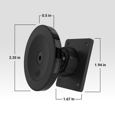 Mount base measurs 1.67 x 1.94". Mount head measurs 2.35" x 0.5"."