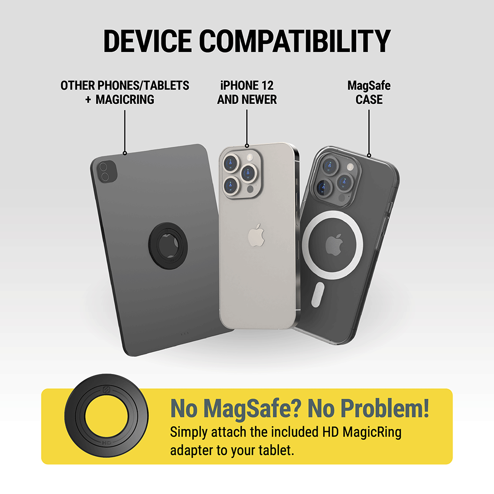 Phone compatibility: other phones/tablets + MagicRing  iphone 12 or newer  MagSafe case. No MagSafe? No Problem! Simply attach the included HD MagicRing adapter to your tablet.