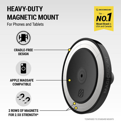 Heavy-duty magnetic mount for phones and tablets. Cradle-free design. Apple MagSafe compatible. 2 Rows of magnets for 2.5X strength (compared to standard mounts) Scosche is the number 1 mount brand in USA and Canada.