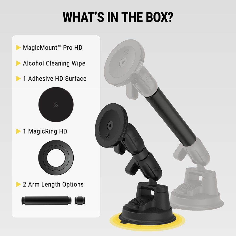 What's in the box? MagicMount Pro HD  alcohol cleaning wipe  Adhesive HD surface  MAgicRing HD  2 arm length options