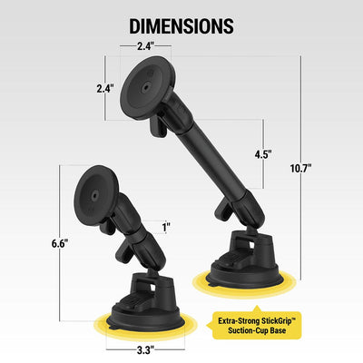 Dimensions. Head measures 2.4 inches by 2.4 inches. Long arm measures 4.5 inches. With long arm measures 10.7 inches tall overall. Base measures 3.3 inches in diameter. With short arm  measures 6.6 inches overall.