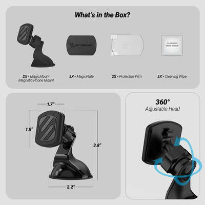 What's in the box? 2X MagicMount Magnetic Phone Mount  2X MagicPlate  2X Protective Film  2X Cleaning wipe. Head measures 1.7 x 1.8". Base is 2.2' and 3.8" tall. 360 degree adjustable head"